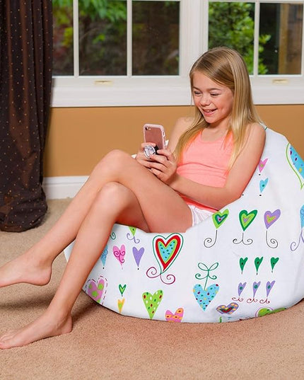 Posh Creations Bean Bag Chair for Kids, Teens, and Adults Includes Removable and Machine Washable Cover, Canvas Multi-Colored Hearts on White, 38in - Large - LeafyLoom