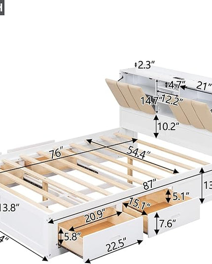 Wood Full Size Platform Bed with Storage Headboard and 4 Drawers, White - LeafyLoom