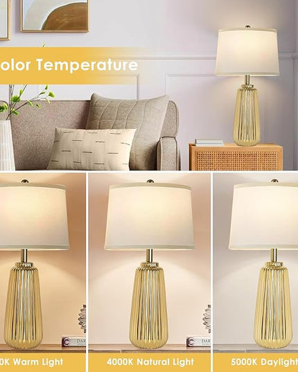 Ceramic Table Lamps Set of 2, 25Inch Modern Gold Table Lamps for Bedroom Living Room with 3 Color Temperature - 3000K/4000K/6000K, Coastal Lamps for Nightstand Bedside with 2 LED Bulbs, 9W - LeafyLoom