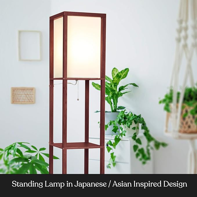 Brightech Maxwell - Modern Shelf Floor Lamp with Lamp Shade and LED Bulb - Corner Display Floor Lamps with Shelves for Living Room, Bedroom and Office - Walnut Brown - LeafyLoom