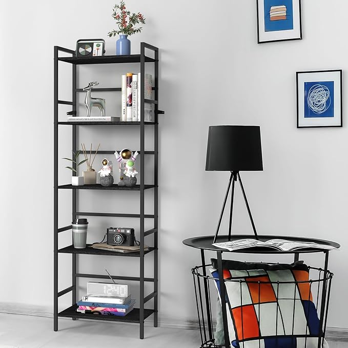 DOMYDEVM Black Tall Bookshelf Storage Organizer, 5 Tier Industrial Freestanding Bookshelf, Large Storage Tired Shelves, Metal Bookshelf 52.76in(H) for Small Space, Home Office, Living Room, Bedroom - LeafyLoom