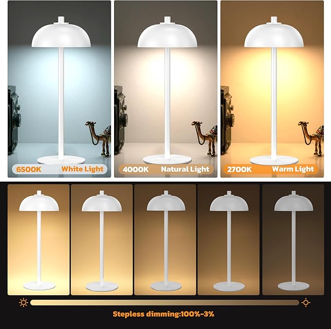 2 Pack Cordless Table Lamp, 5000mAh Portable Rechargeable Table Lamp, 3 Color Modes Stepless Dimming Table Light with Memory Function, for Dinner, Patio, Home, Restaurant.(White) - LeafyLoom