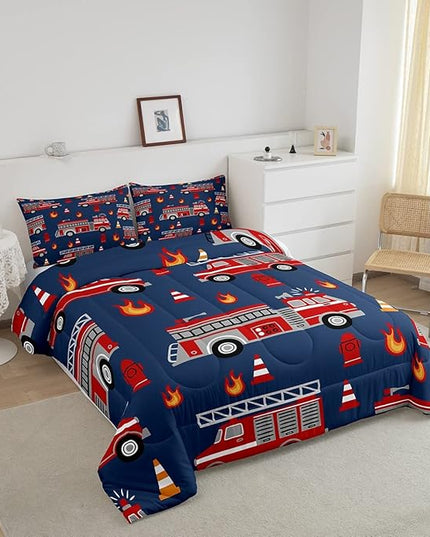Cartoon Car Bedding Set Fire Truck Comforter Set for Kids Boys Girls Teens Room Decor Firefighter Comforter Firemen Car Vehicle Fire Engine Blue Red Duvet Set 3Pcs King Size Boys - LeafyLoom