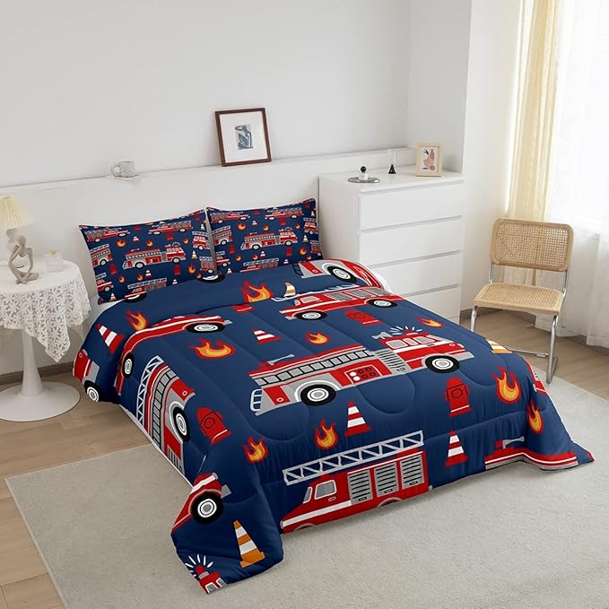 Cartoon Car Bedding Set Fire Truck Comforter Set for Kids Boys Girls Teens Room Decor Firefighter Comforter Firemen Car Vehicle Fire Engine Blue Red Duvet Set 2Pcs Twin Size - LeafyLoom