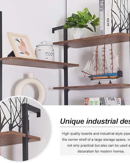 HOMISSUE Corner Bookshelf,12-Tier L Shaped Bookshelf, Double Wide Corner Wall Mount Bookcase with Metal Frame and Wood, Modern Industrial Corner Shelf for Living Room, Kitchen, Home Office Brown - LeafyLoom