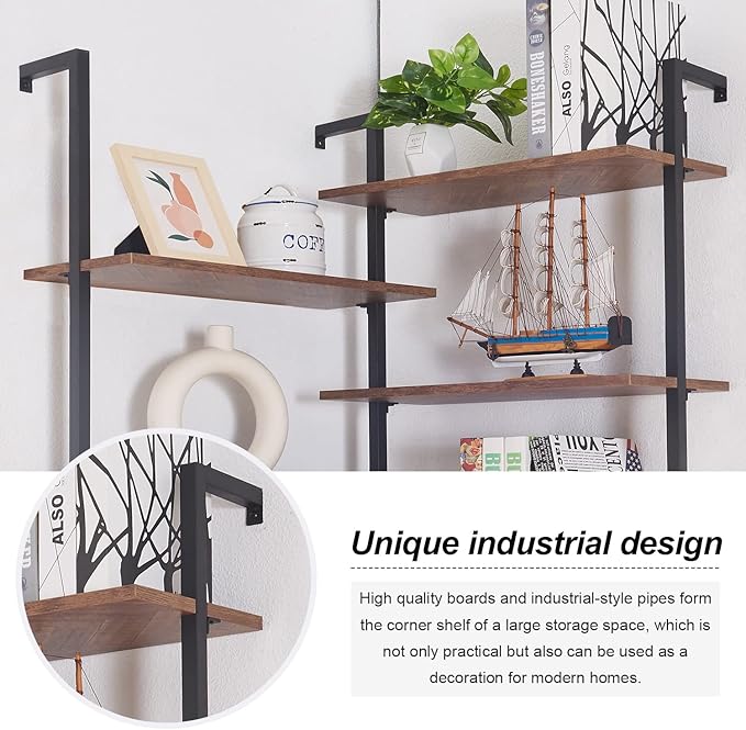HOMISSUE Corner Bookshelf,12-Tier L Shaped Bookshelf, Double Wide Corner Wall Mount Bookcase with Metal Frame and Wood, Modern Industrial Corner Shelf for Living Room, Kitchen, Home Office Brown - LeafyLoom