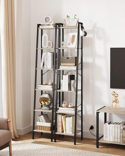 Ladder Shelf, Bookshelf Bookcase, Freestanding Corner Storage Shelve with 2 Hooks for Home Office, Living Room, Kitchen, Bedroom, Industrial, 6-Tier Greige BC13305B - LeafyLoom