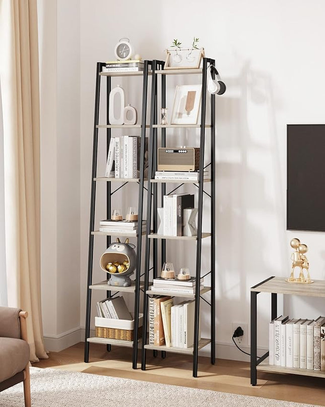 Ladder Shelf, Bookshelf Bookcase, Freestanding Corner Storage Shelve with 2 Hooks for Home Office, Living Room, Kitchen, Bedroom, Industrial, 6-Tier Greige BC13305B - LeafyLoom