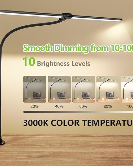 ShineTech LED Desk Lamp for Home Office, 3000K Warm White Double Head Architect Task Lamps with Clamp, Dimmable Adjustable Flexible Gooseneck, Black - LeafyLoom