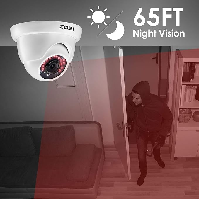 ZOSI 1000TVL CCTV Camera 24 IR LEDs Indoor Outdoor Day Night Vision 65ft Security Dome Color Camera for DVR Surveillance System (White) ZOSI