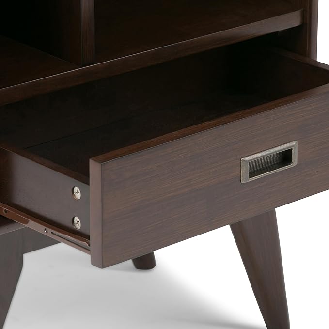 SIMPLIHOME Draper SOLID HARDWOOD 22 Inch Mid Century Modern Bookcase and Storage Unit in Medium Auburn Brown, For the Living Room, Study Room and Office - LeafyLoom