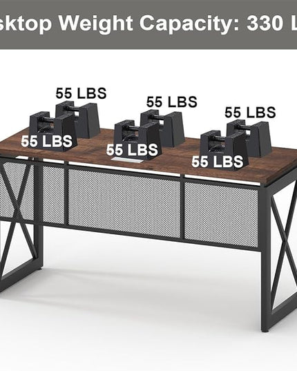 BON AUGURE 60 Inch Computer Desk for Home Office, Industrial Metal Wood Desk, Farmhouse Large Writing Desk, Modern Sturdy Gaming Desk (Rustic Oak) - LeafyLoom