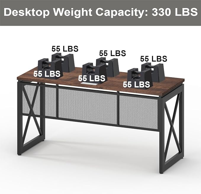 BON AUGURE 60 Inch Computer Desk for Home Office, Industrial Metal Wood Desk, Farmhouse Large Writing Desk, Modern Sturdy Gaming Desk (Rustic Oak) - LeafyLoom