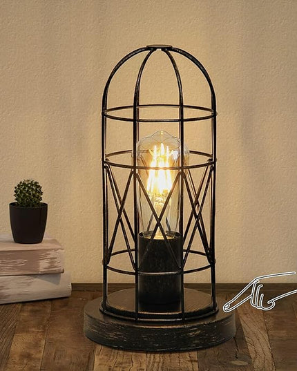 Industrial Table Lamp, Small Touch Lamp with Rustic Cage Vintage Bedside Lamp 3 Way Dimmable Nightstand Lamp Edison Desk Lamp for Bedroom, Living Room, Hallway, Entryway, Kitchen, 4W LED Bulb Included - LeafyLoom