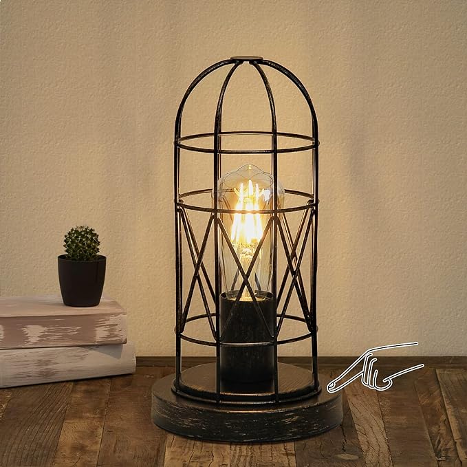 Industrial Table Lamp, Small Touch Lamp with Rustic Cage Vintage Bedside Lamp 3 Way Dimmable Nightstand Lamp Edison Desk Lamp for Bedroom, Living Room, Hallway, Entryway, Kitchen, 4W LED Bulb Included - LeafyLoom