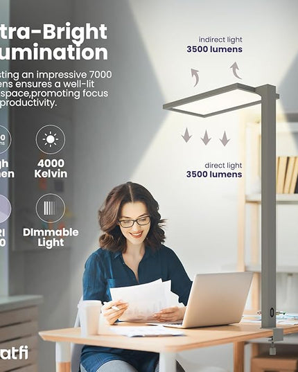 Neatfi 7000 High-Lumens Premium LED Desk Lamp - Touch Controlled, Clamp-on, UltraBright, 4000K Color Temperature, 70W Dimmable Light, Adjustable Head for Home Office and Study (25 Inches, Gray) - LeafyLoom