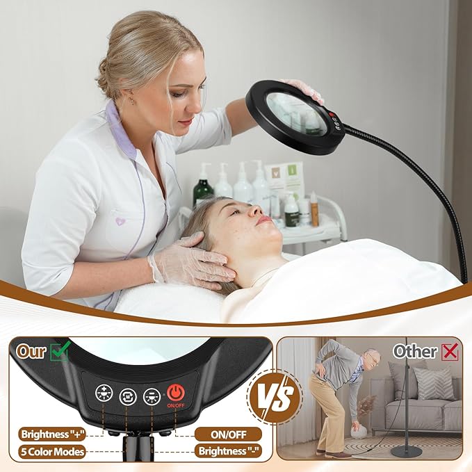 5X Magnifying Glass with Light and Stand, Krstlv 24" Flexible Gooseneck Magnifying Floor Lamp, 3-in-1 LED 5 Color Modes Stepless Dimmable Lighted Magnifier Hands Free for Close Work, Hobby, Esthetican - LeafyLoom
