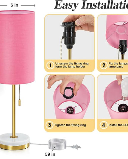 Luvkczc Minimalist Table Lamp Set of 2, Nightstand Lamp for Bedroom Living Room, Modern Pull Chain Bedside Lamp with Marble Base, Fabric Shade, Small Desk Lamp for Home, Office, Reading,Pink - LeafyLoom