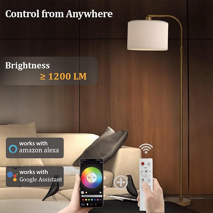 Gold Floor Lamp with Remote Control, 1200 Lumens 15W LED Bulb Included, Adjustable Height Arc Floor Lamps for Living Room, Modern Gold Standing Lamp Dimmable Floor Lamp for Bedroom, Office - LeafyLoom