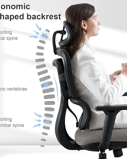 Ergonomic Office Chair - Mesh Office Chair High Back, Rolling Desk Chair, Executive Swivel Chair, Computer Chair with 3D Adjustable Armrest, 3D Lumbar Support, Blade Wheels, Adjustable Headrest - LeafyLoom