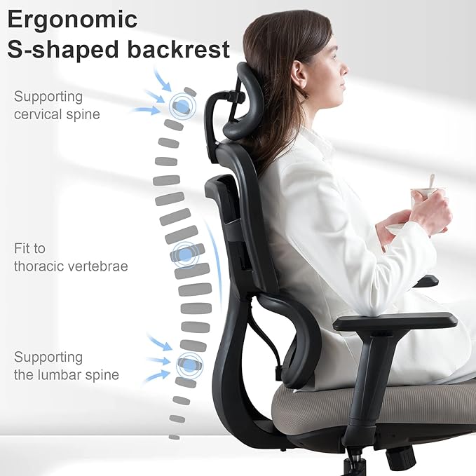 Ergonomic Office Chair - Mesh Office Chair High Back, Rolling Desk Chair, Executive Swivel Chair, Computer Chair with 3D Adjustable Armrest, 3D Lumbar Support, Blade Wheels, Adjustable Headrest - LeafyLoom