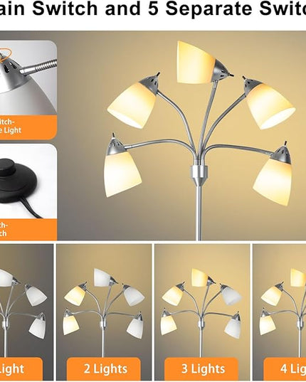 DINGLILIGHTING Floor Lamp Tall for Room: Flexible Gooseneck Floor Lamps Standing for Bedroom Home Office - Modern Floor Lights Silver 5-Light - LeafyLoom