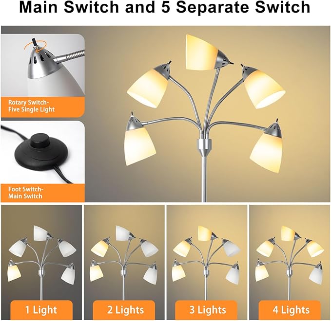 DINGLILIGHTING Floor Lamp Tall for Room: Flexible Gooseneck Floor Lamps Standing for Bedroom Home Office - Modern Floor Lights Silver 5-Light - LeafyLoom