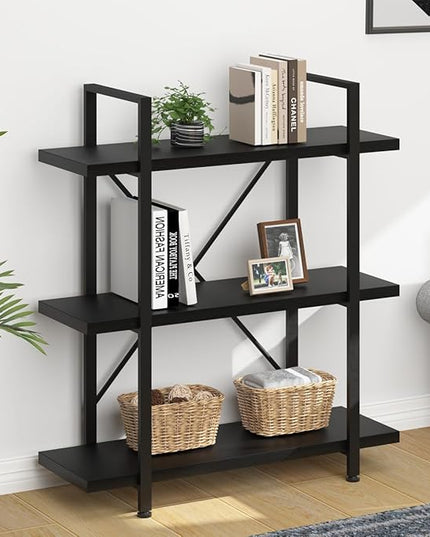 HSH 3 Tier Black Bookshelf, Industrial Small Metal Wooden Storage Book Shelves, Modern Open Low 3 Shelf Bookcase and Display Etagere, Vertical Book Shelf for Bedroom Living Room Office, Black Oak - LeafyLoom