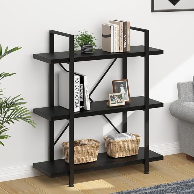 HSH 3 Tier Black Bookshelf, Industrial Small Metal Wooden Storage Book Shelves, Modern Open Low 3 Shelf Bookcase and Display Etagere, Vertical Book Shelf for Bedroom Living Room Office, Black Oak - LeafyLoom