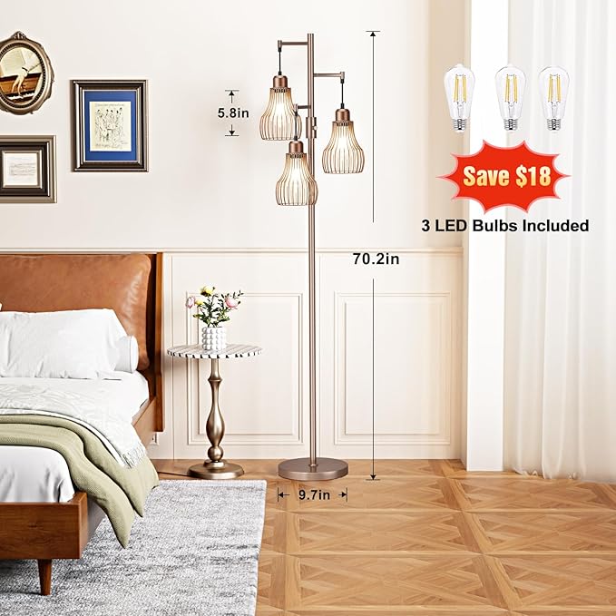 Dimmable Floor Lamps for Living Room, Industrial Tree Standing Tall Lamps with 3 Elegant Cage Shade & 800 Lumens LED Bulbs for Bedroom Office - Brown - LeafyLoom
