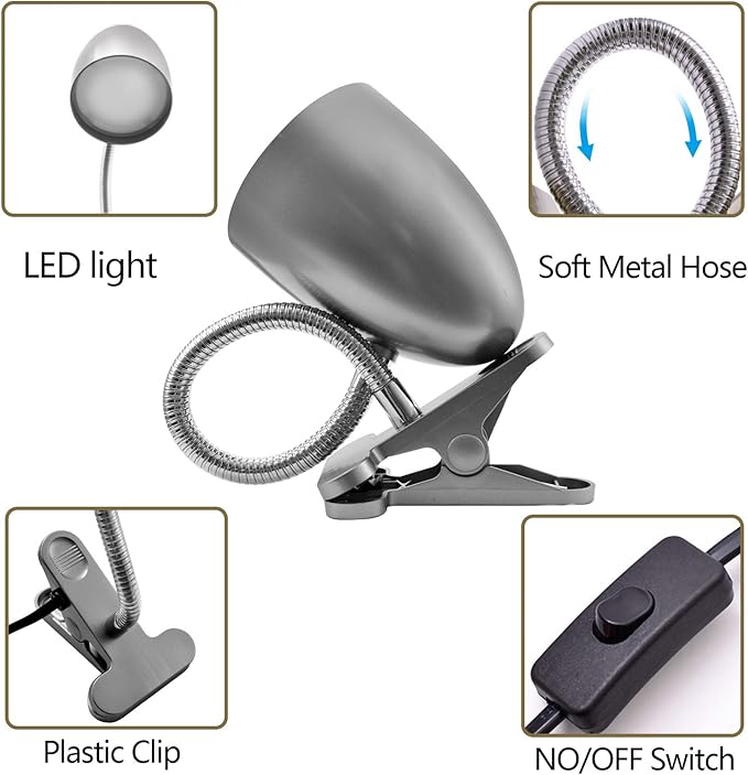 Desk lamp with Clamp, Non-Dimmable Clip Light for Bed and Desk, 4000K Cool White, 3.5W 240 LM Flexible Gooseneck lamp, Eye Protection, ETL Listed - LeafyLoom