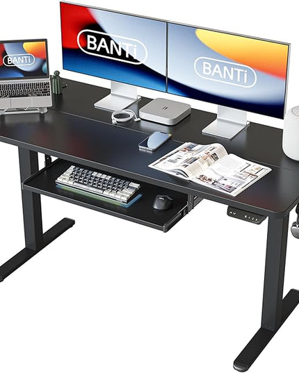 BANTI 55" x 24" Height Adjustable Electric Standing Desk with Keyboard Tray, Sit Stand up Desk with Splice Board, Black Frame/Black Top - LeafyLoom
