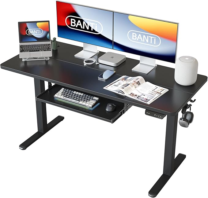 BANTI 55" x 24" Height Adjustable Electric Standing Desk with Keyboard Tray, Sit Stand up Desk with Splice Board, Black Frame/Black Top - LeafyLoom