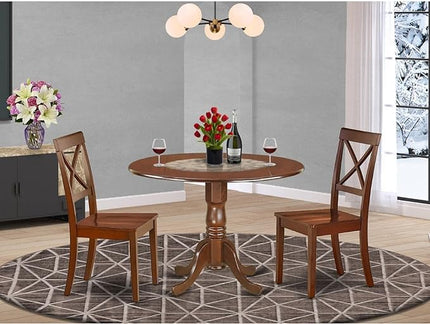 East West Furniture DLBO3-MAH-W 3 Piece Modern Dining Table Set Contains a Round Wooden Table with Dropleaf and 2 Dining Room Chairs, 42x42 Inch, Mahogany - LeafyLoom