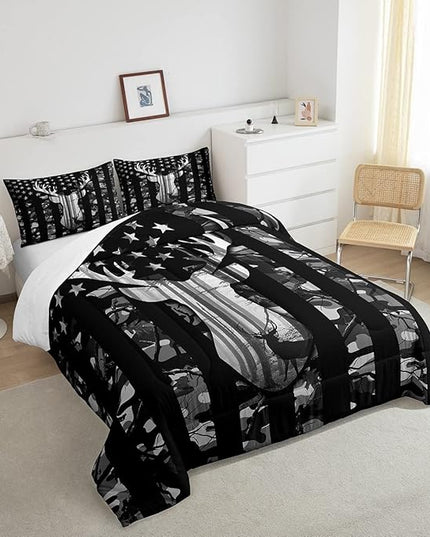 Manfei Deer Antlers Silhouette Comforter Set Twin,Camouflage American Flag Bedding Set, Wild Animal Natural Quilt Set 2 Pcs for Kids Teens Adults Room Decor,Black Grey Duvet Insert with 1 Pillowcase - LeafyLoom