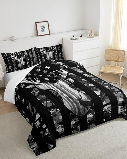 Black Grey Camo Comforter Set Queen,Camouflage American Flag Bedding Set, Deer Antlers Silhouette Quilt Set 3 Pcs for Kids Teens Adults Room Decor,Wild Animal Natural Duvet Insert with 2 Pillowcases - LeafyLoom