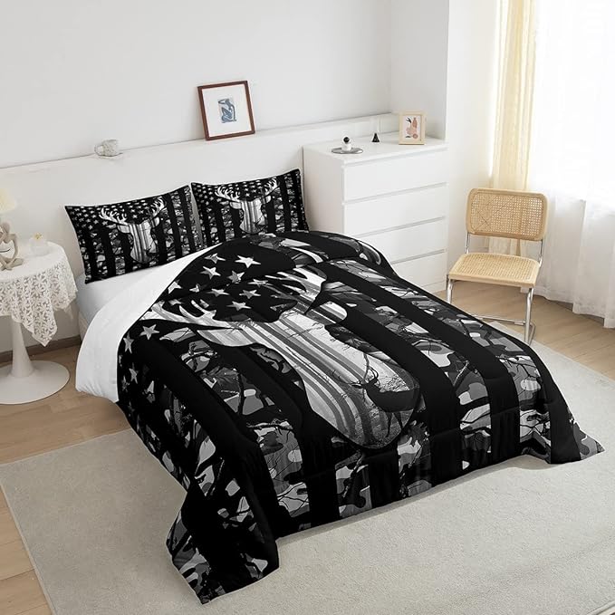 Black Grey Camo Comforter Set Queen,Camouflage American Flag Bedding Set, Deer Antlers Silhouette Quilt Set 3 Pcs for Kids Teens Adults Room Decor,Wild Animal Natural Duvet Insert with 2 Pillowcases - LeafyLoom