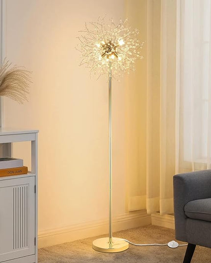 69 inch Crystal Floor Lamp, Modern Standing Lamp with K9 Crystal, LED Floor Lamp with On/Off Foot Switch, Metal Tall Pole Lamp for Living Room, Girls Room, Bedroom, Dresser, Office, Gold Finish - LeafyLoom