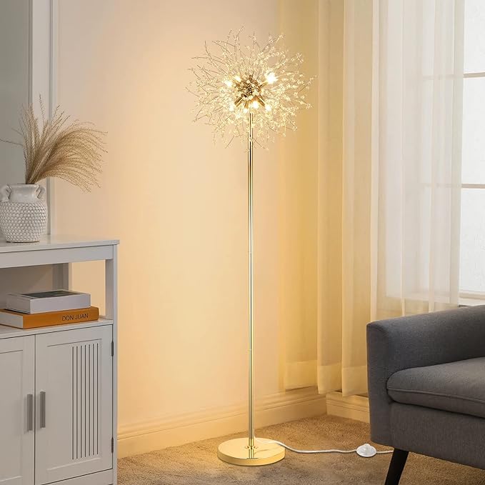 69 inch Crystal Floor Lamp, Modern Standing Lamp with K9 Crystal, LED Floor Lamp with On/Off Foot Switch, Metal Tall Pole Lamp for Living Room, Girls Room, Bedroom, Dresser, Office, Gold Finish - LeafyLoom