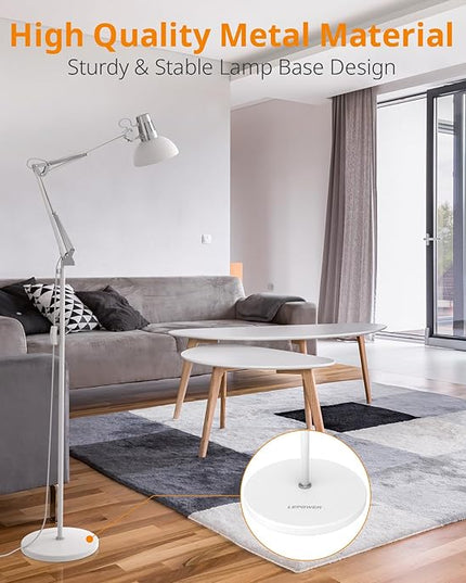 LEPOWER Floor Lamp, Swing Arm Floor Standing Lamp, Industrial Floor Lamp with Heavy Metal Base, E26 Lamp Base Floor Light, Modern Standing Reading Lamp for Living Room, Bedroom, Office White - LeafyLoom