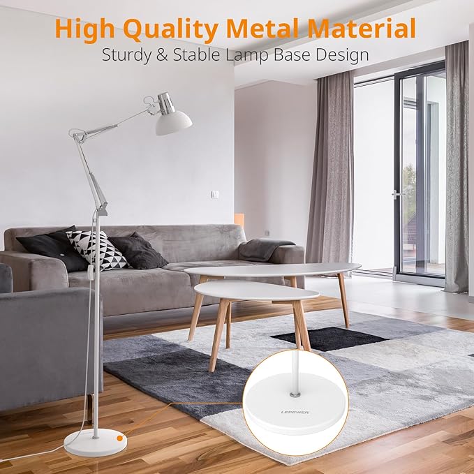 LEPOWER Floor Lamp, Swing Arm Floor Standing Lamp, Industrial Floor Lamp with Heavy Metal Base, E26 Lamp Base Floor Light, Modern Standing Reading Lamp for Living Room, Bedroom, Office White - LeafyLoom