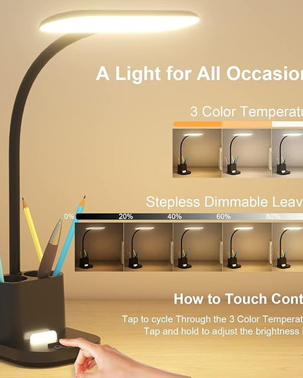 DEEPLITE Desk Lamp,Desk Light for Home Office,Battery Operated,Rechargeable,Pen Holder,800LM 3 Colors Dimmable Adjustable Study Lamp,Cordless Reading Lamps for Dorm Bedrooms. - LeafyLoom