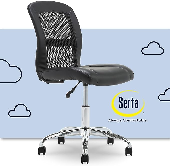 Serta Essential Armless Desk Chair Small TaskChair with Wheels, Breathable Mesh Back, SertaQuality Foam Cushion Seat for Comfort, Functional, Lightweight and Versatile, Task, Black - LeafyLoom