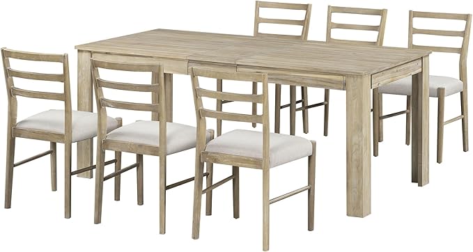 7 Piece Modern Wooden Dining Set, Include Multifunctional Extendable Table with 12” Leaf and 2 Drawers & 6 Soft Cushion Chairs, for Diningroom, Living Room, Natural+Beige - LeafyLoom