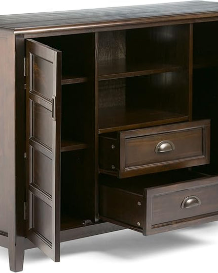 SIMPLIHOME Burlington SOLID WOOD Universal TV Media Stand, 54 inch Wide, Traditional, Living Room Entertainment Center with Storage, for Flat Screen TVs up to 60 inches in Mahogany Brown - LeafyLoom