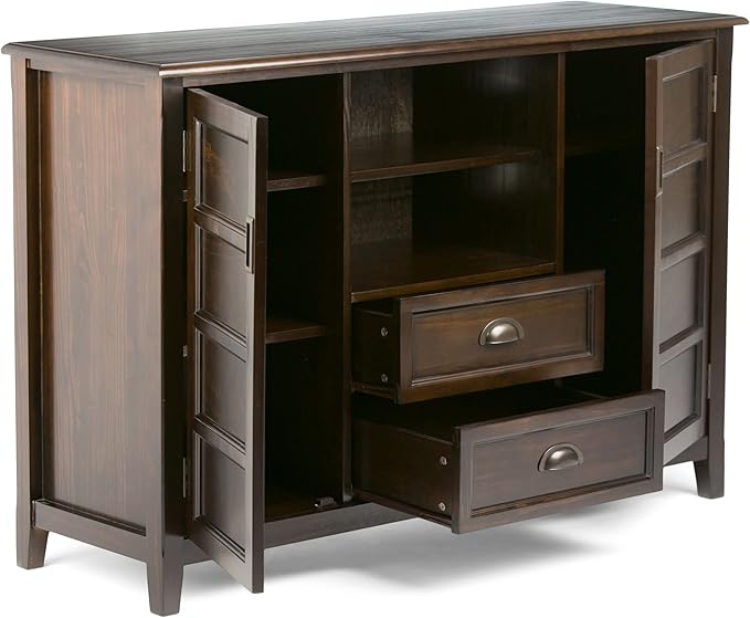 SIMPLIHOME Burlington SOLID WOOD Universal TV Media Stand, 54 inch Wide, Traditional, Living Room Entertainment Center with Storage, for Flat Screen TVs up to 60 inches in Mahogany Brown - LeafyLoom