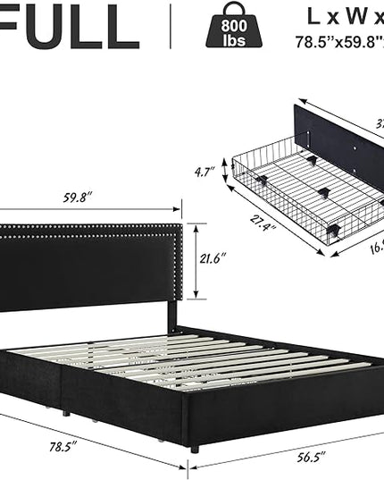 VECELO Full Size Upholstered Platform Bed Frame with 4 Storage Drawers, Adjustable Velvet Rivets Headboard, Wooden Slats Support, No Box Spring Needed, Easy Assembly - LeafyLoom