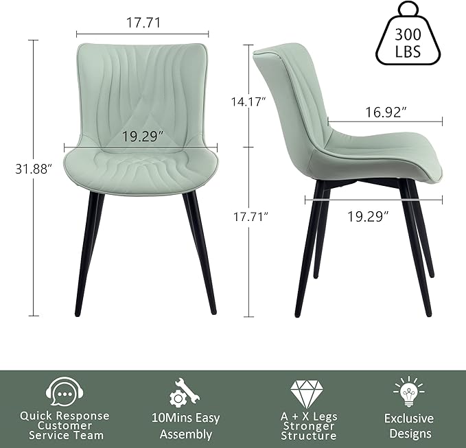 YOUTASTE Sage Green Dining Chairs Set of 2 Upholstered Mid Century Modern Kitchen Dining Room Chairs Armless Faux Leather Accent Chairs Metal Vanity Lounge Chair with Back for Bedrooms, Mint Green - LeafyLoom
