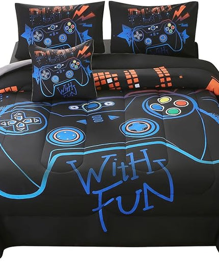 JQinHome Full Gaming Comforter Sets for Boys,6 Piece Bed in A Bag 3D Video Game Bedding -All Season Soft Microfiber Gamer Bedding Sets for Kids,Pillowcase, Flat Sheet, Fitted Sheet,Cushion Cover - LeafyLoom