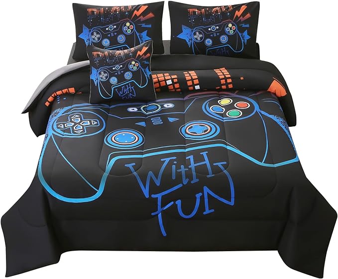 JQinHome Full Gaming Comforter Sets for Boys,6 Piece Bed in A Bag 3D Video Game Bedding -All Season Soft Microfiber Gamer Bedding Sets for Kids,Pillowcase, Flat Sheet, Fitted Sheet,Cushion Cover - LeafyLoom